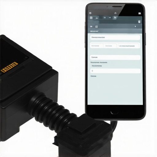 Person analyzing car data with smartphone and OBD-II scanner during maintenance