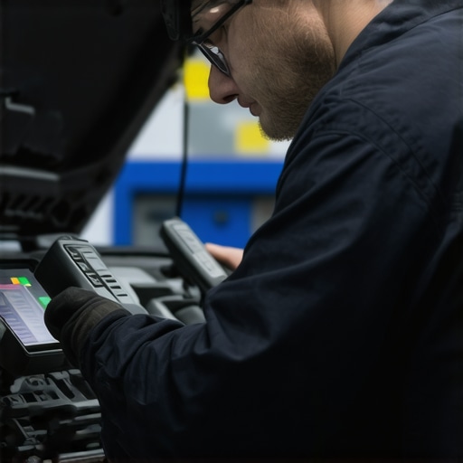 Automotive technician with diagnostic scanner inspecting a vehicle