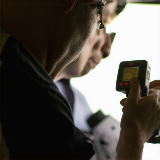 Diagnostic Tools for Vehicle Maintenance Mechanic inspecting car components with an infrared thermometer and diagnostic scanner.