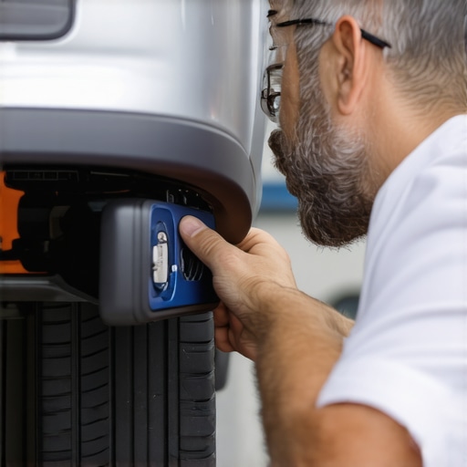 Mechanic carefully inspecting car sensors behind the bumper.