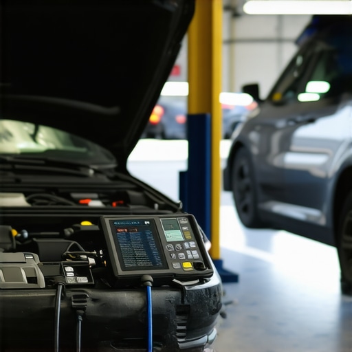 Technician using advanced diagnostic equipment on a vehicle in a professional garage.