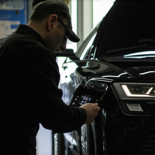 Using a Diagnostic Scanner for Car Maintenance Mechanic inspecting a vehicle's engine with a digital diagnostic device in a garage.