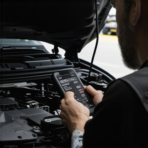 A mechanic uses an OBD-II scanner to diagnose a vehicle's engine issues in a workshop.