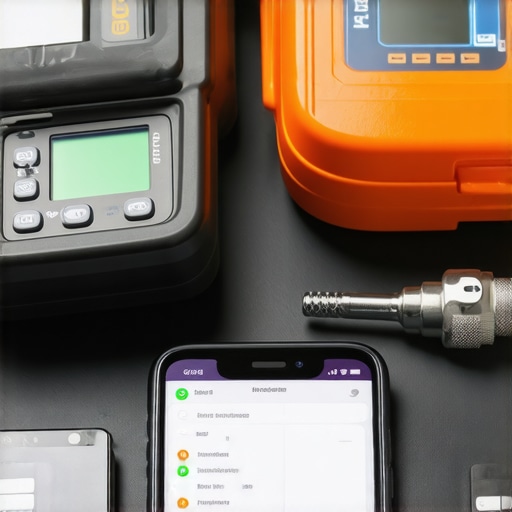 Tools and devices used for vehicle diagnostics and repair placed on a workbench.