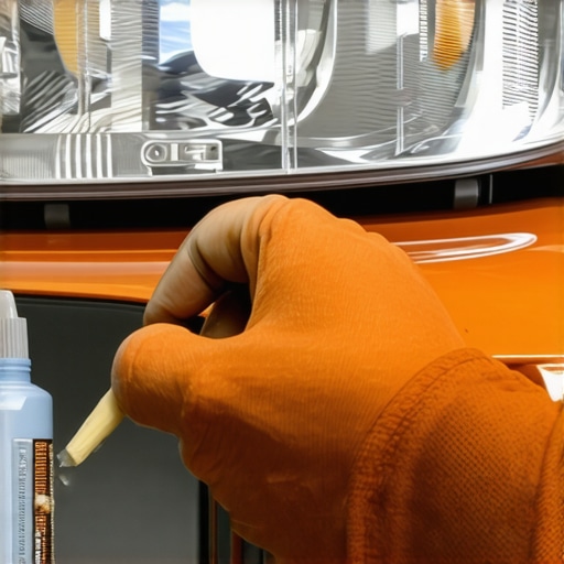 Person applying silicone sealant to the edge of a car headlight to prevent moisture ingress