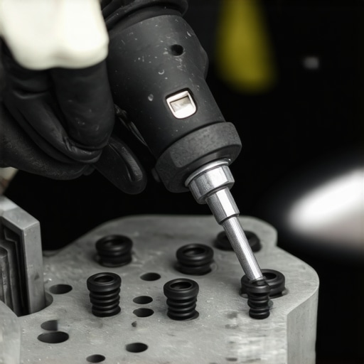 Mechanic cleaning car sensors with tools in a garage