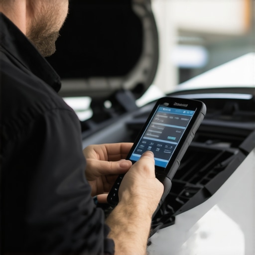 Mechanic scanning car's computer system with a diagnostic tool.