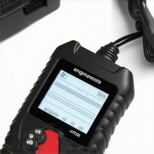 Close-up of a technician's hand operating a diagnostic scanner connected to a vehicle's diagnostic port.