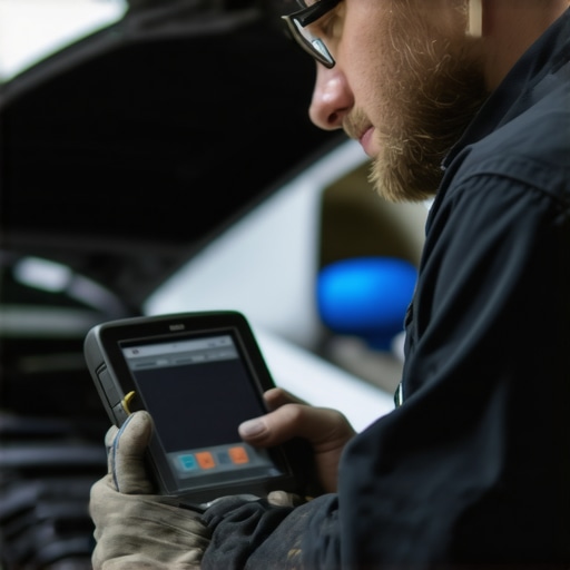 Mechanic scanning a car's onboard computer using a digital diagnostic device in a modern auto repair shop.