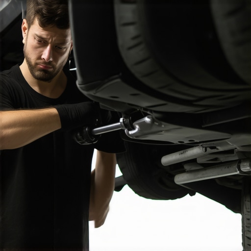 Close-up of mechanic's hands adjusting tie rods on a car's front suspension in a garage