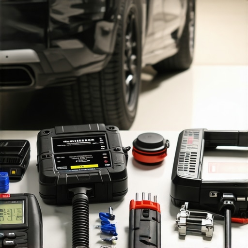 Diagnostic scanner, wrenches, and car repair parts on a workbench illustrating vehicle maintenance.