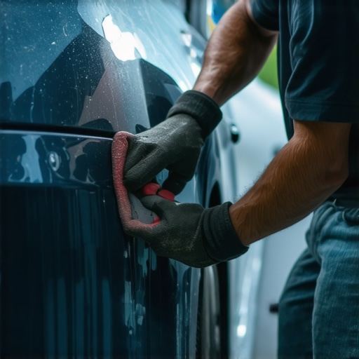 Person sanding a deep scratch on car paint with wet sandpaper in a garage