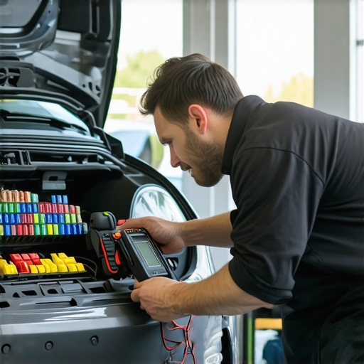 Mechanic testing a car fuse with a multimeter