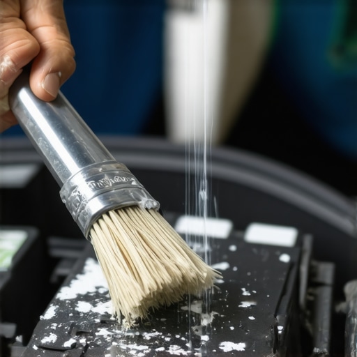 Person scrubbing corroded battery terminals with wire brush and baking soda mixture.
