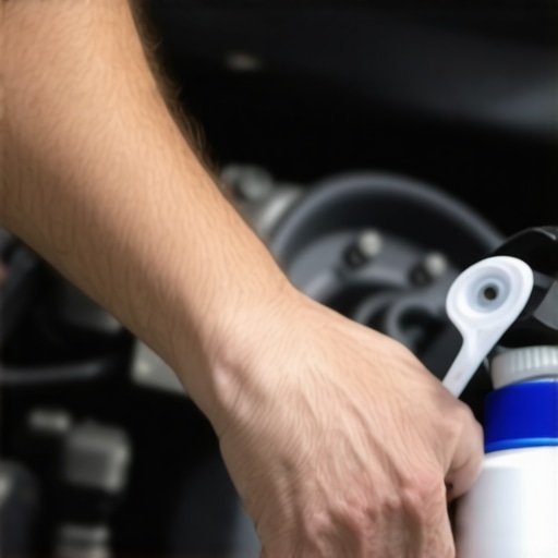 Person cleaning car's idle air control valve with spray and brush