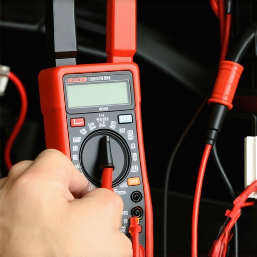 Mechanic using multimeter to diagnose battery drain issues in a car engine compartment.