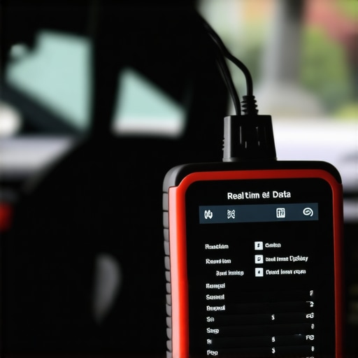 Automotive diagnostic scanner connected to a car's OBD-II port displaying live data.