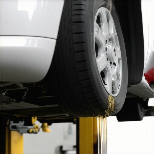 Mechanic draining and refilling differential fluid under a car on a lift