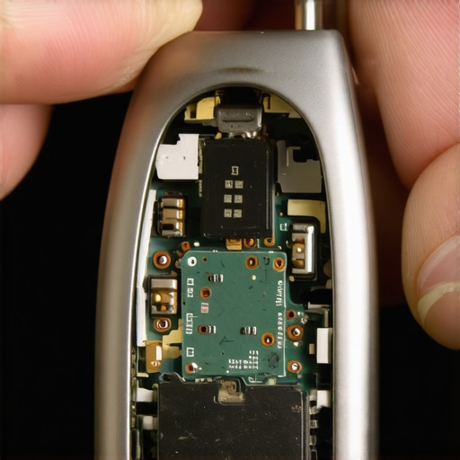 Close-up of circuit board and battery being removed from a water-damaged car key fob