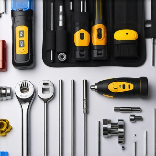 Essential Auto Maintenance Tools A comprehensive set of car repair tools neatly organized on a workbench, ready for maintenance tasks.