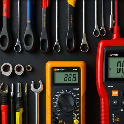 A workspace with automotive tools and diagnostic equipment laid out for vehicle maintenance.