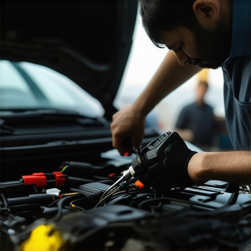 Mechanic analyzing engine diagnostics with specialized tools