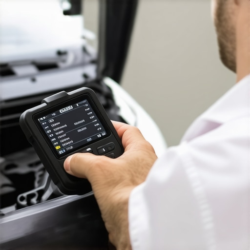 Expert Mechanic Using OBD-II Scanner Mechanic with a diagnostic tool checking a car's engine performance