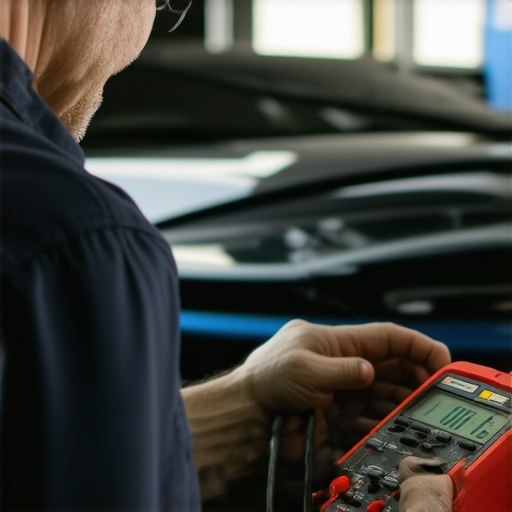 High-quality automotive diagnostic tools in action Mechanic testing electrical components with a digital multimeter
