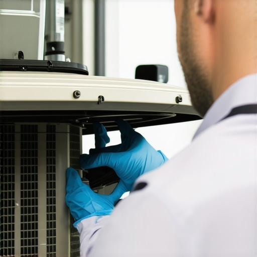 Technician inspecting air conditioning system for mold and debris.