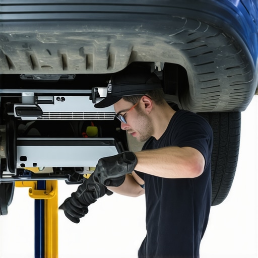Mechanic examining car exhaust pipes for leaks and rust.