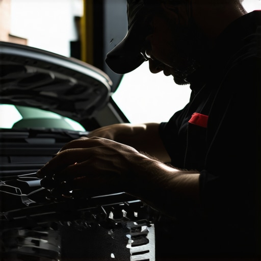 Mechanic checking sensors in car engine for hesitation issues.