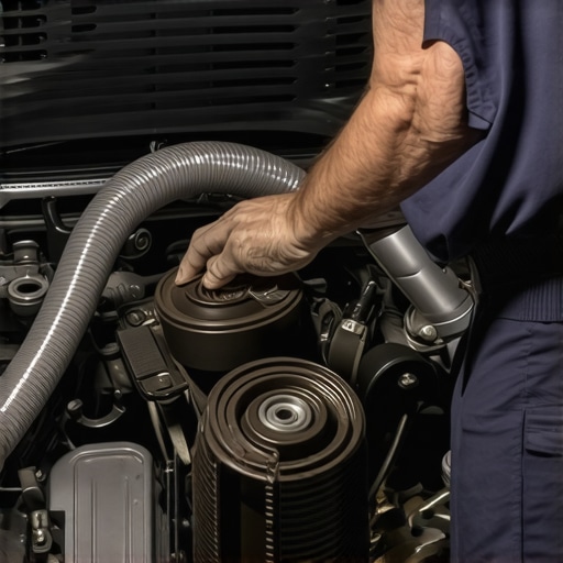 Inspecting Power Steering Components Mechanic examining hoses and serpentine belt in engine bay during repair process
