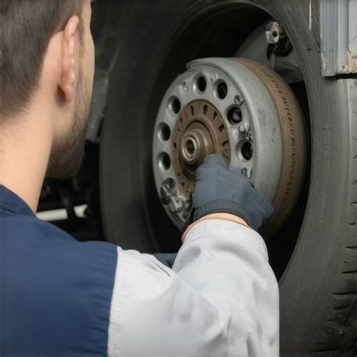Mechanic examining steering system parts under a lifted car.