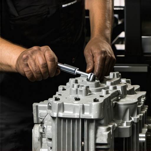 Mechanic checking transmission fluid and linkage during repair
