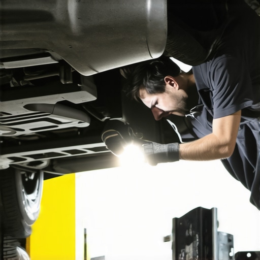 Mechanic examining a car's undercarriage with a flashlight