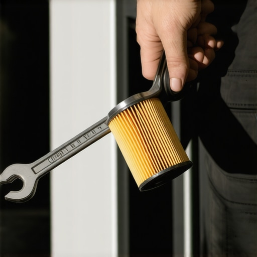 Hand tightening a new oil filter in a vehicle's engine bay.