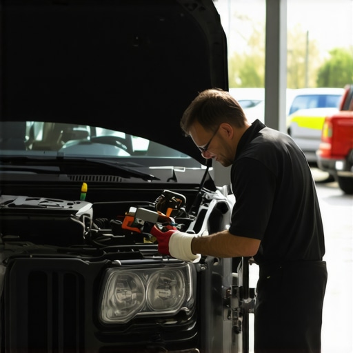 Auto mechanic examining a car's transmission during repair