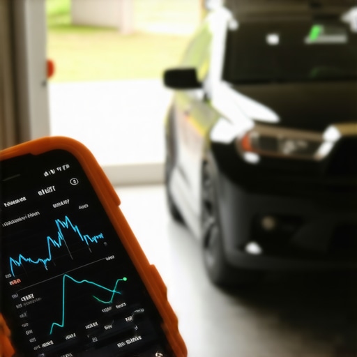 Automotive diagnostic scanner connected to a smartphone displaying vehicle data