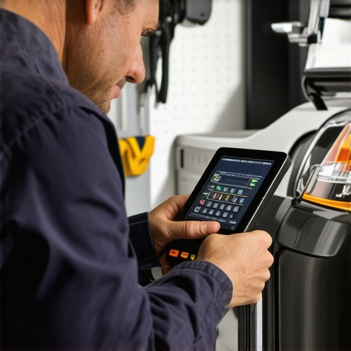 Mechanic using a diagnostic scanner on a car in a garage setting.