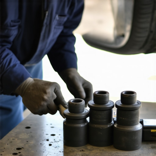 Suspension bushing replacement process Mechanic using hydraulic press to install new suspension bushing in a car suspension arm