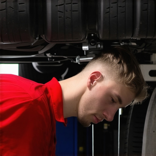 Mechanic examining car shock absorber for fluid leak