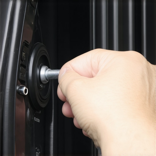 Person tightening a screw onto a car door speaker with a screwdriver.