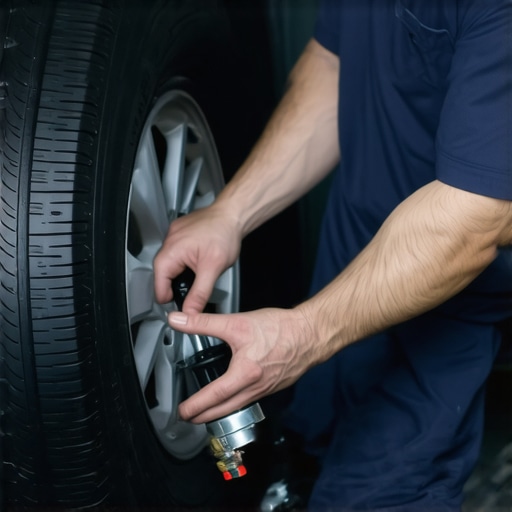 Mechanic balancing a car tire on a balancing machine.