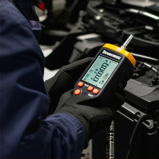 Mechanic operating a torque wrench and diagnostic scanner during car maintenance