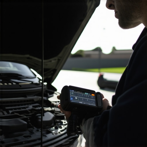 Mechanic scanning a car's diagnostic data with an OBD-II device.