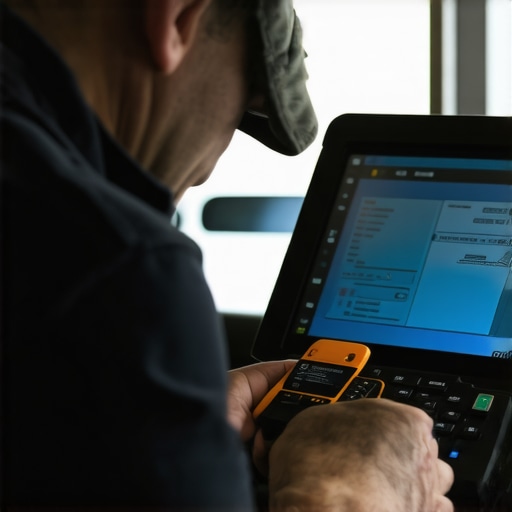 Mechanic scanning a car's computer system with an OBD2 tool in a garage.