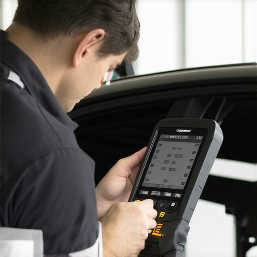 Mechanic connecting a diagnostic tool to a car's OBD2 port for advanced diagnostics.