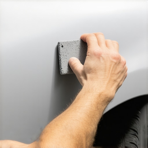 Person gently using a clay bar on car's surface to remove paint transfer.