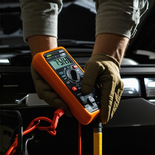 Mechanic testing vehicle's electrical system with a digital multimeter in garage