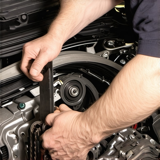 Mechanic tightening serpentine belt in engine compartment for noise reduction